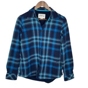 Orvis Womens Fleece Lined Flannel Shacket Size S Blue Plaid Pockets Snap Front